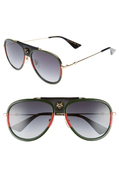 Gucci Gradient Web Aviator Sunglasses W/ Leather Trim, Gold/green/red