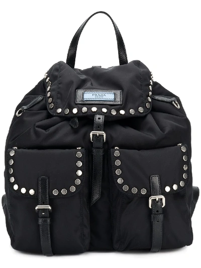 Prada Small Stud-embellished Nylon Backpack In Black