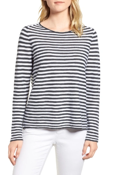 Eileen Fisher Striped Long-sleeve Organic Linen/cotton Sweater In Graphite/ White