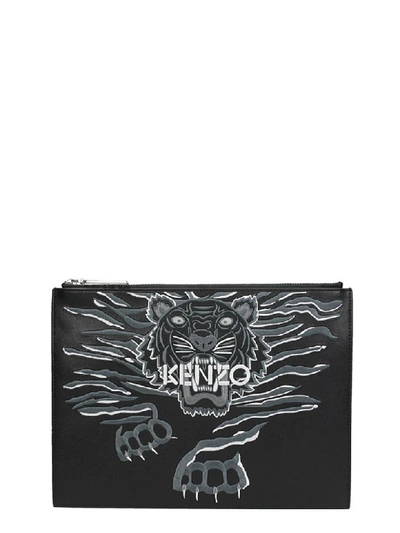 Kenzo Black Leather A4 Geo Tiger Clutch