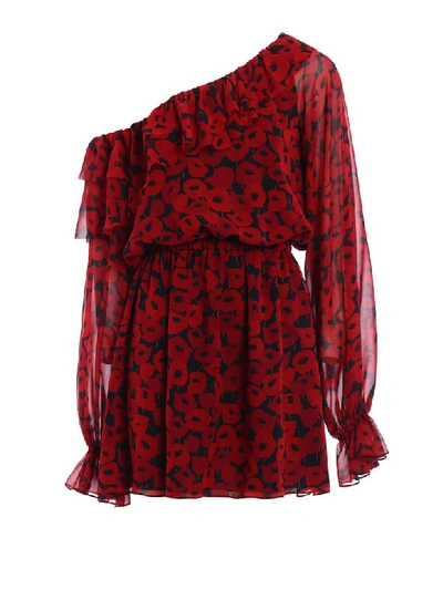 Saint Laurent One-shoulder Floral-print Silk-georgette Mini Dress In Red