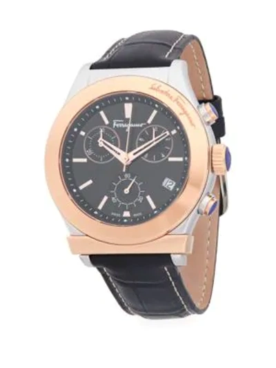 Ferragamo Logo Stainless Steel And Leather-strap Watch In Black