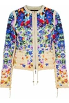 ROBERTO CAVALLI WOMAN FAUX-LEATHER TRIMMED QUILTED FLORAL-PRINT SHELL JACKET BEIGE,US 4772211930133229