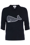 THOM BROWNE WOMAN EMBROIDERED CABLE-KNIT WOOL SWEATER MIDNIGHT BLUE,US 7789028785060829
