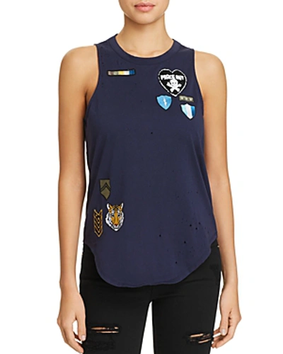 Chaser Distressed Patch-embellished Muscle Tank In Avalon Blue