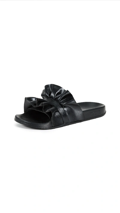 Michael Michael Kors Bella Ruffled Leather Sport Slide Sandals In Black