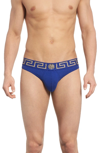 Versace Iconic Slim-fit Stretch-cotton Briefs In Bluette/ Gold