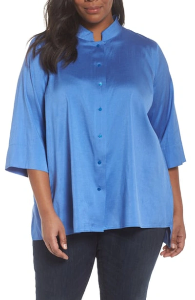 Eileen Fisher Doupioni Stand-collar Silk Shirt, Plus Size In Blue Bell