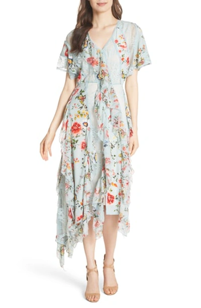 Alice And Olivia Kadence Short-sleeve Floral-print Lace Godet Dress W/ Ruffled Frills In Floral Soiree/dusty Aqua