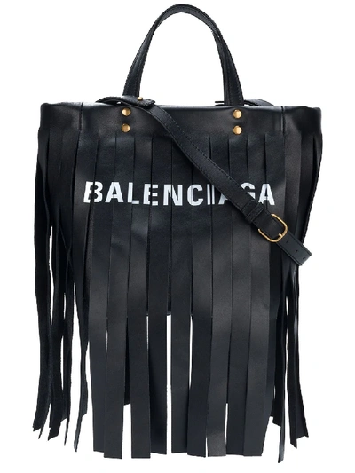 Balenciaga Extra Small Laundry Logo Fringe Calfskin Tote - Black