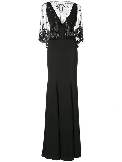 Marchesa Notte Embellished Cape Gown In Black