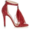 JIMMY CHOO VIOLA 110 Red Suede and Hotfix Sandals with Red Ostrich Feather Tassel,VIOLA110SXF