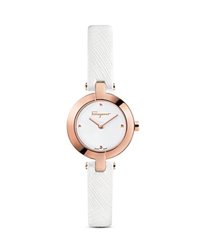 Ferragamo Miniature Leather Strap Watch, 26mm In White/ Silver/ Rose Gold