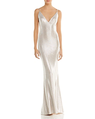 Aidan Mattox Metallic V-neck Sleeveless Foiled Knit Mermaid Dress In Champagne/silver