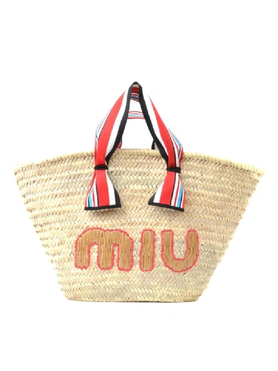 Miu Miu Embroidered Straw Tote Bag In Cream
