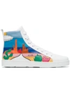 PRADA WHITE CACTUS APPLIQUE LEATHER HIGH TOP SNEAKERS,1T447IF0053K7912541884