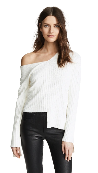 Helmut Lang Cold Shoulder Ribbed Top In Cotton Ball