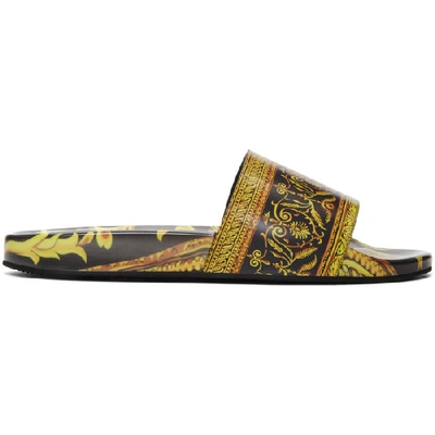 Versace Black And Gold Baroque Slides In Multicolor