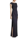Escada Sequined Cap-sleeve Ruched-waist Column Crepe Evening Gown In Navy