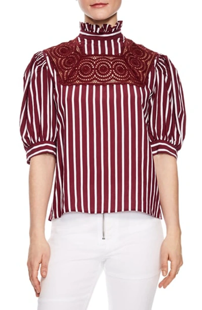 Sandro Lace-embroidered Striped Crepe Top In Burgundy