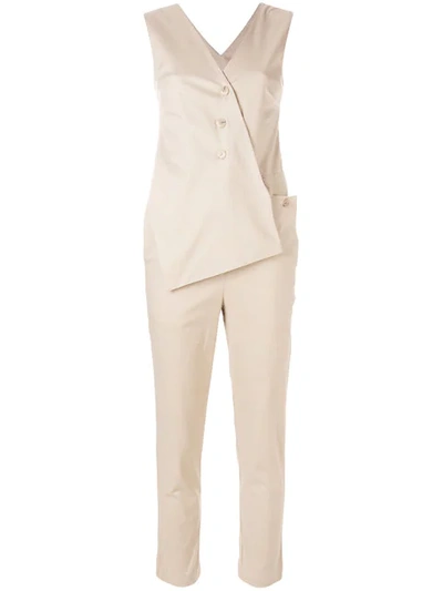 Balossa White Shirt Tailored Asymmetric Jumpsuit - Neutrals
