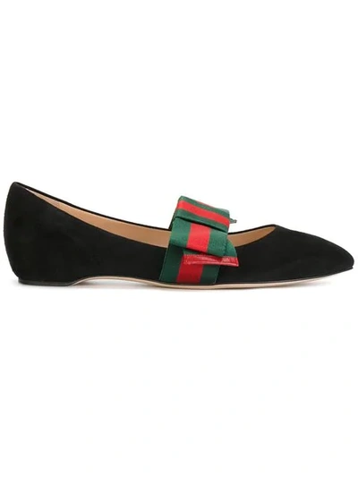 Gucci Black Bow Suede Ballerina Flats In Green