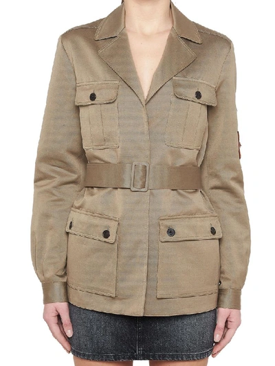 Saint Laurent Notched-collar Four-pocket Belted Safari Jacket With Patches In Green