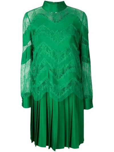 Valentino Lace Embroidered And Pleated Dress In Green