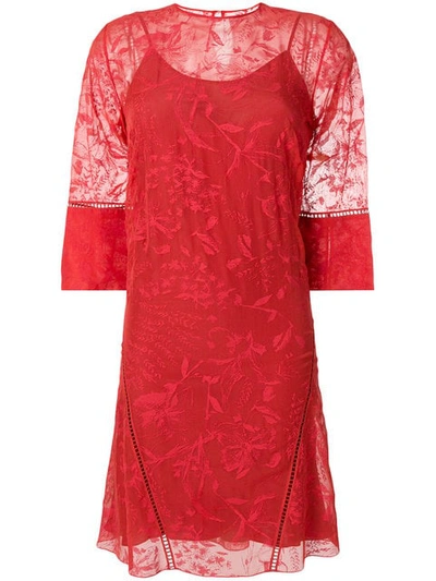 Noon By Noor Burnout Printed Floral Vicky Round Neck 3/4 Sleeve Shift Dress In Red