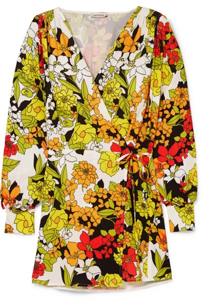 Attico Floral-print Cady Crepe Robe Wrap Dress In Yellow