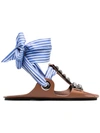 PRADA BROWN GLADIATOR SANDALS WITH STUDS AND BLACK RIBBON AND A BLUE AND WHITE STRIPED RIBBON,1X676IFB0053KB112578595