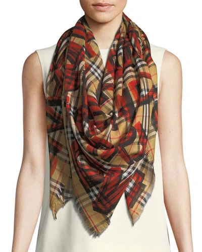 Burberry Graffiti Print Check Wool Silk Large Square Scarf In Bright Red