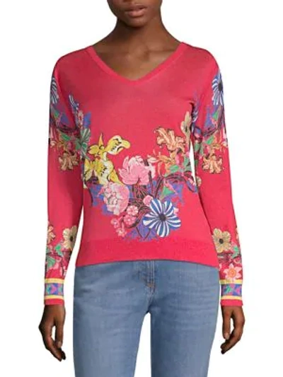 Etro V-neck Long-sleeve Floral-print Silk-cashmere Jumper In Pink