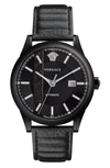 VERSACE AIAKOS AUTOMATIC LEATHER STRAP WATCH, 44MM,V18030017