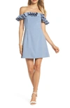 FRENCH CONNECTION WHISPER LIGHT OFF THE SHOULDER RUFFLE DRESS,71JFQ