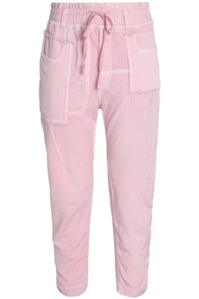 Haider Ackermann Cropped Frayed Twill-paneled Cotton-terry Track Trousers In Baby Pink