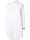 THOM BROWNE CLASSIC LONG SLEEVE BUTTON DOWN POINT COLLAR THIGH LENGTH SHIRTDRESS WITH JEWELRY APPLIQUE IN SOLID ,FDS002C0311312476250