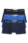 Calvin Klein 3-pack Stretch Cotton Low Rise Trunks In Black/ Blue Shadow/ Cobalt