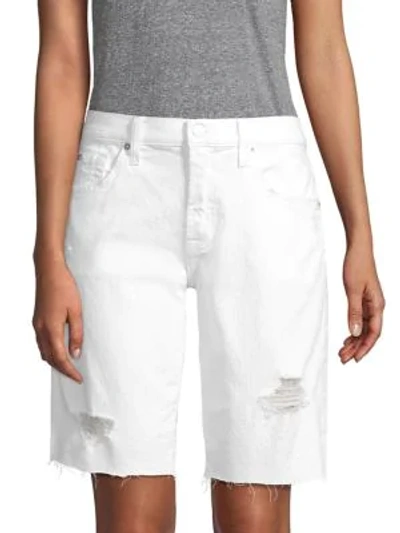 7 For All Mankind High-waist Raw-edge Distressed Denim Bermuda Shorts In White