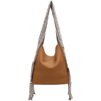 Loewe Scarf Striped Cotton-trimmed Textured-leather Shoulder Bag In Tan