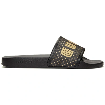 Gucci Leather-trimmed  Logo-print Canvas Slides In Black/comb