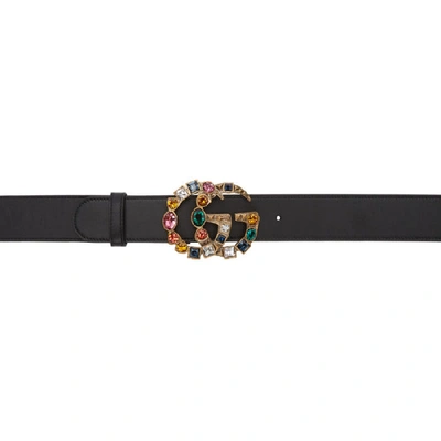 Gucci Leather Belt With Crystal Double G Buckle In Black
