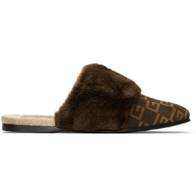 Gucci Suede Square G And Synthetic Fur Slipper In Brown