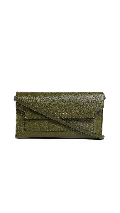 Marni Cross Body Wallet Bag In Olive Green/gold Brown