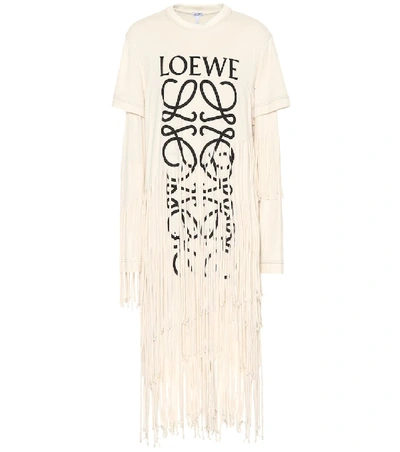 Loewe Fringed Printed Cotton And Silk-blend Jersey Dress In Beige