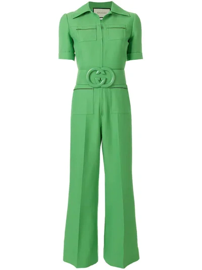Gucci Short-sleeve Cady Crepe Wool-silk Jumpsuit W/ Front Pocket In Mint Green Crepe Wool Silk