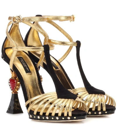 Dolce & Gabbana Heart-plaque Leather And Suede Sandals In Gold