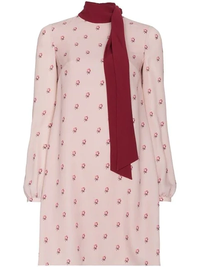 Valentino Long-sleeve Rosebud Silk Georgette Dress W/ Scarf In Pink