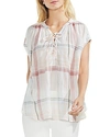 VINCE CAMUTO CRINKLED PLAID LACE-UP TOP,9028070