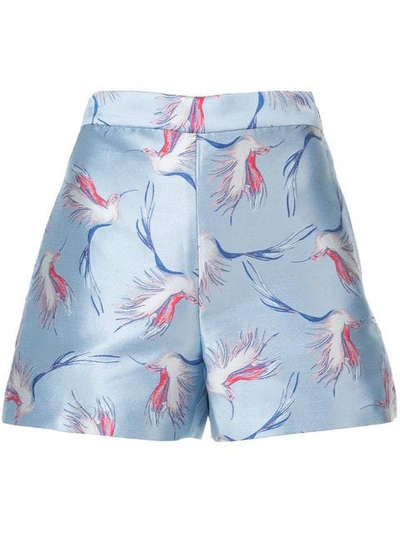 Alice And Olivia Heath High-waist Bird-print Satin Shorts In Dusty Aqua Multi
